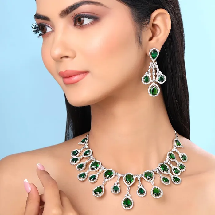 Necklaces Yellow Chimes Girls Jewellery Set American Diamond Necklace Earrings 43 cm Silver Tone Green