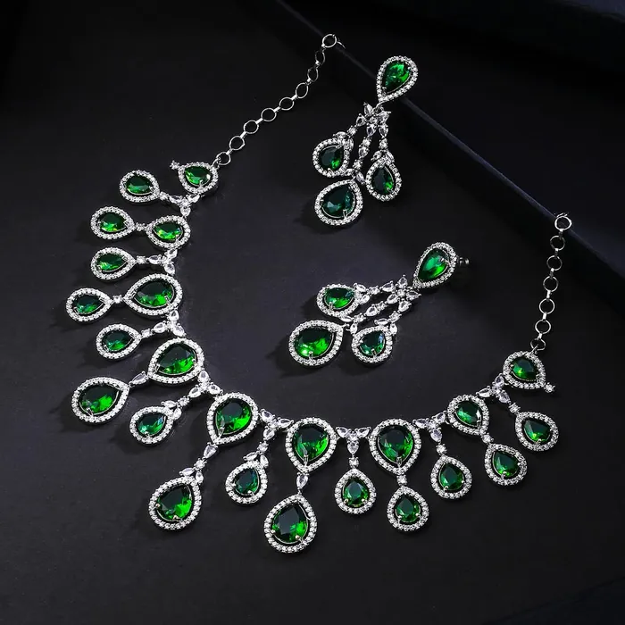 Necklaces Yellow Chimes Girls Jewellery Set American Diamond Necklace Earrings 43 cm Silver Tone Green