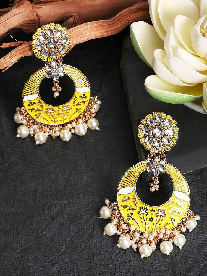 Necklaces Yellow Chimes Meenakari Earrings for Women Gold Plated Traditional Moti Beads Yellow Meenakari Chand bali Earrings for Women and Girls Yellow Chimes