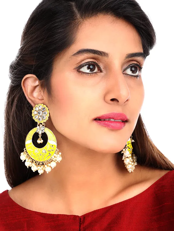 Necklaces Yellow Chimes Meenakari Earrings for Women Gold Plated Traditional Moti Beads Yellow Meenakari Chand bali Earrings for Women and Girls Yellow Chimes