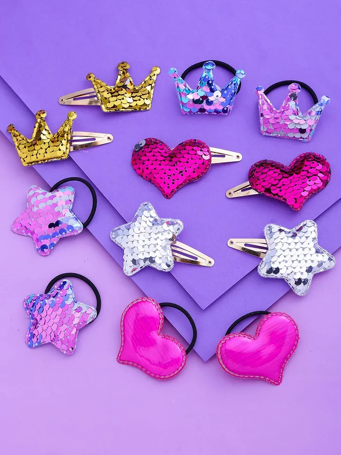 Necklaces Yellow Chimes Melbees by Yellow Chimes Combo of Sequins Studded 6 PCS Ponytail Holders Rubber Bands and 3 Pairs Hair Clips Hair Accessories for Kids Girls Pack of 12 MultiColor Medium