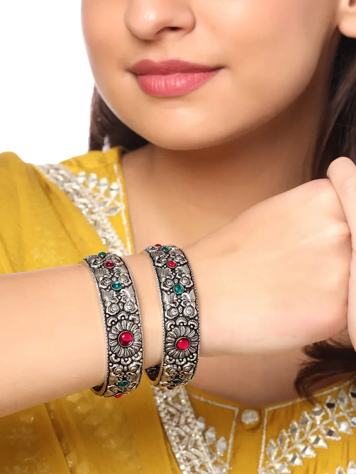 Necklaces Yellow Chimes Oxidised Bangles Set for Women Authentic Kolhapuri Work Handmade Kundan Studded Bangles Sets for Women and Girls Yellow Chimes