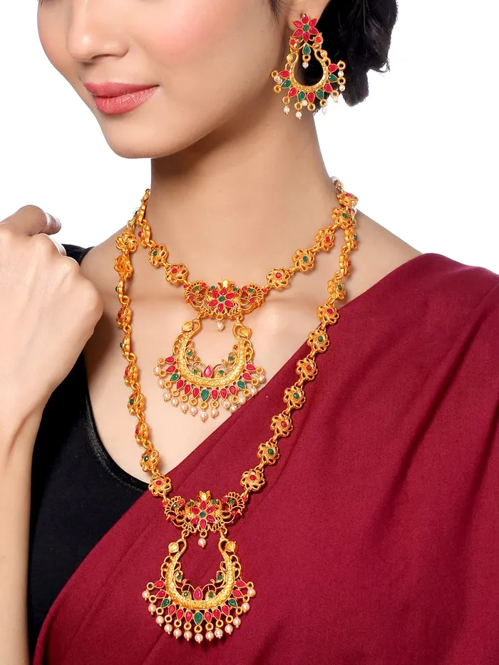 Necklaces Yellow Chimes Traditional Jewellery Set for Women Ethnic Temple Jewellery Set Gold Plated Jewelry Set Traditional Long Haram Necklace Set for Women and Girls NK 1 Yellow Chimes