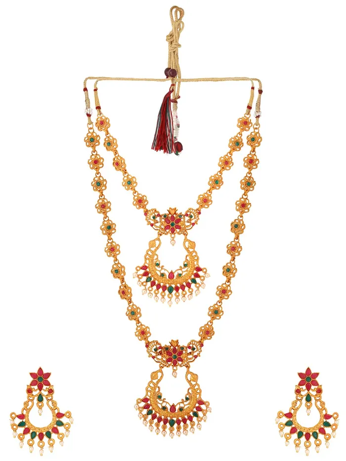 Necklaces Yellow Chimes Traditional Jewellery Set for Women Ethnic Temple Jewellery Set Gold Plated Jewelry Set Traditional Long Haram Necklace Set for Women and Girls NK 1 Yellow Chimes