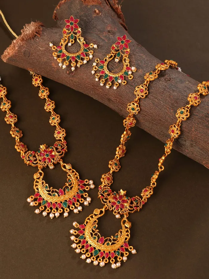 Necklaces Yellow Chimes Traditional Jewellery Set for Women Ethnic Temple Jewellery Set Gold Plated Jewelry Set Traditional Long Haram Necklace Set for Women and Girls NK 1 Yellow Chimes