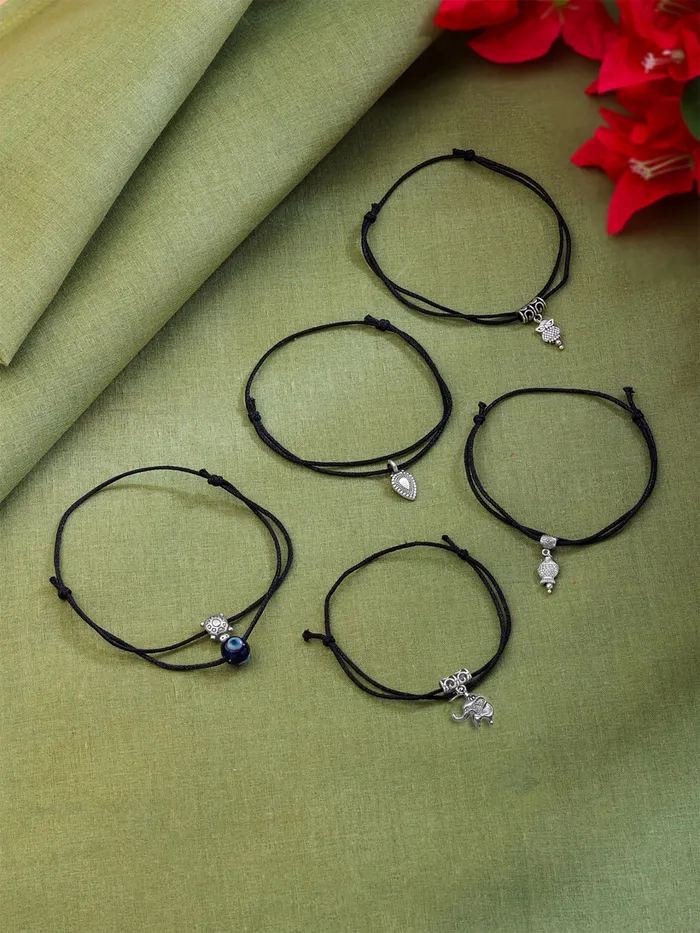 Necklaces Yellow Chimes Yellow Chimes 5 Pieces Combo Black Thread Knot with Oxidized Single Charms Base Metal Adjustable Evil Eye Anklets for Women and Girls