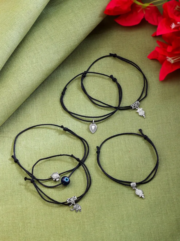 Necklaces Yellow Chimes Yellow Chimes 5 Pieces Combo Black Thread Knot with Oxidized Single Charms Base Metal Adjustable Evil Eye Anklets for Women and Girls