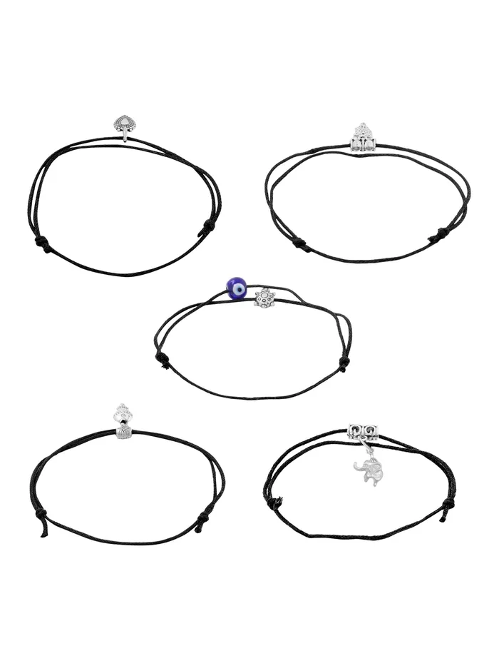 Necklaces Yellow Chimes Yellow Chimes 5 Pieces Combo Black Thread Knot with Oxidized Single Charms Base Metal Adjustable Evil Eye Anklets for Women and Girls