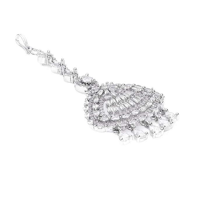 Necklaces Yellow Chimes Yellow Chimes Classic ADAmerican Diamond Studded White Rhodium Plated Drop Crystal Design Maang Tikka for Women and Girls Medium