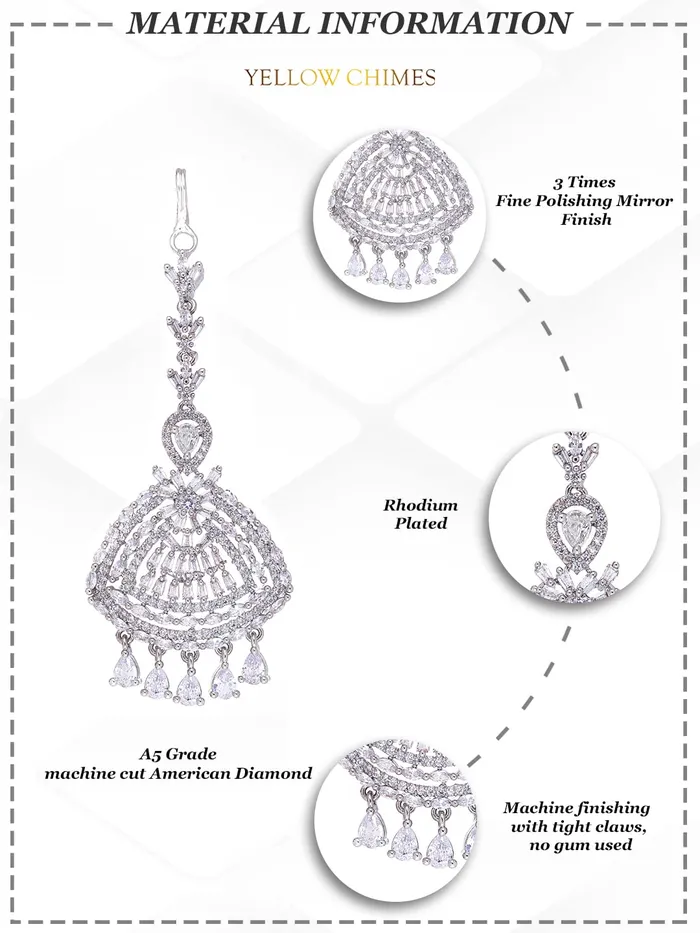 Necklaces Yellow Chimes Yellow Chimes Classic ADAmerican Diamond Studded White Rhodium Plated Drop Crystal Design Maang Tikka for Women and Girls Medium
