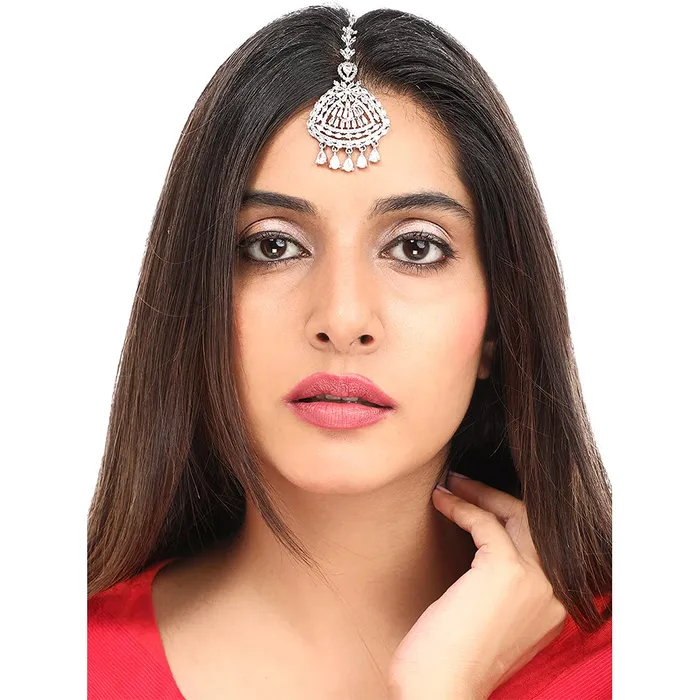 Necklaces Yellow Chimes Yellow Chimes Classic ADAmerican Diamond Studded White Rhodium Plated Drop Crystal Design Maang Tikka for Women and Girls Medium