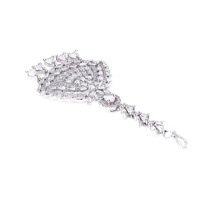 Necklaces Yellow Chimes Yellow Chimes Classic ADAmerican Diamond Studded White Rhodium Plated Drop Crystal Design Maang Tikka for Women and Girls Medium