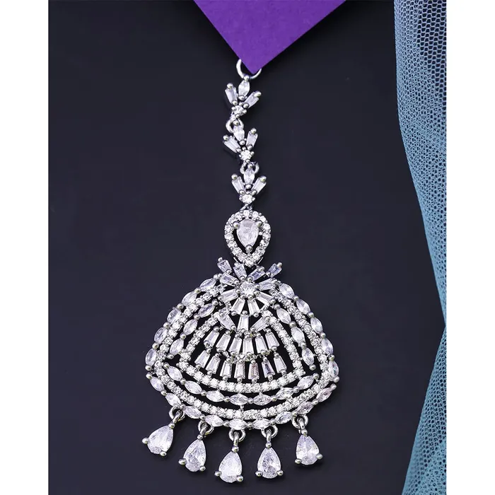 Necklaces Yellow Chimes Yellow Chimes Classic ADAmerican Diamond Studded White Rhodium Plated Drop Crystal Design Maang Tikka for Women and Girls Medium