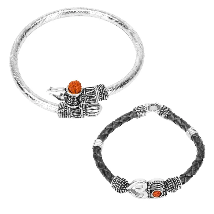 Necklaces Yellow Chimes Yellow Chimes Combo of Two Oxidized Silver Shiva Trishul Rudraksha Damroo Kada Bracelet Bangle for Men and Boys