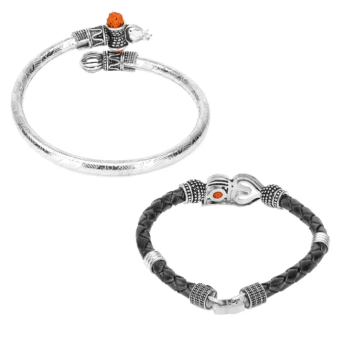 Necklaces Yellow Chimes Yellow Chimes Combo of Two Oxidized Silver Shiva Trishul Rudraksha Damroo Kada Bracelet Bangle for Men and Boys
