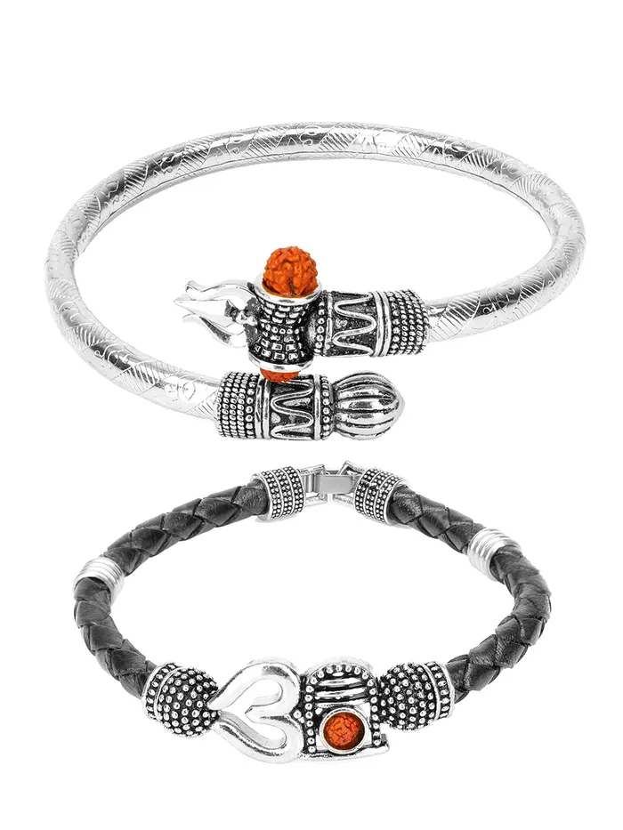 Necklaces Yellow Chimes Yellow Chimes Combo of Two Oxidized Silver Shiva Trishul Rudraksha Damroo Kada Bracelet Bangle for Men and Boys
