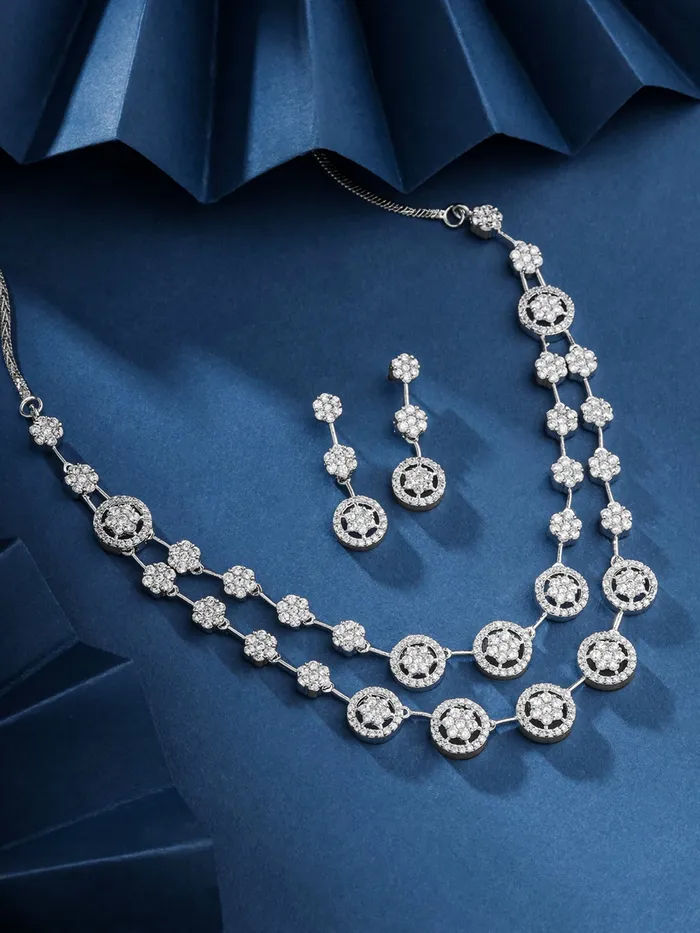 Necklaces Yellow Chimes Yellow Chimes Diamond Necklace Set for Women White Stone Silver Necklace Set AD Jewellery Set for Women Silver Diamond Necklace Set Birthday Gift for Girls Women Anniversary Gift for Wife