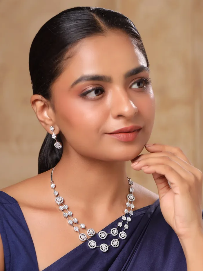 Necklaces Yellow Chimes Yellow Chimes Diamond Necklace Set for Women White Stone Silver Necklace Set AD Jewellery Set for Women Silver Diamond Necklace Set Birthday Gift for Girls Women Anniversary Gift for Wife