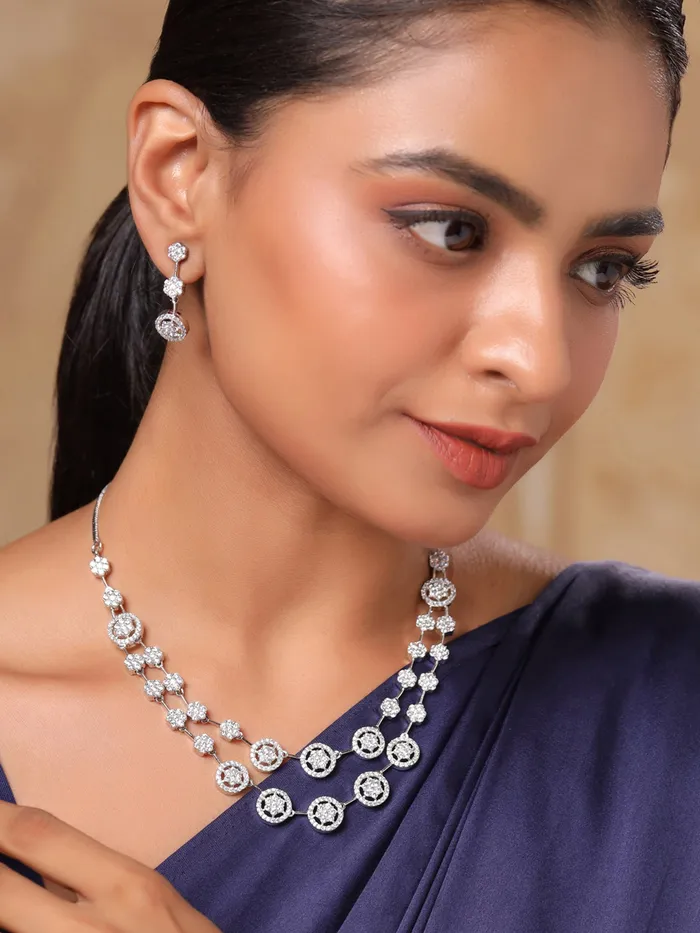 Necklaces Yellow Chimes Yellow Chimes Diamond Necklace Set for Women White Stone Silver Necklace Set AD Jewellery Set for Women Silver Diamond Necklace Set Birthday Gift for Girls Women Anniversary Gift for Wife