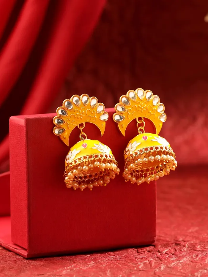 Necklaces Yellow Chimes Yellow Chimes Earrings For Women Bright Yellow Color Pearl and Stone Studded Meenakari Jhumka Earrings For Women and Girls