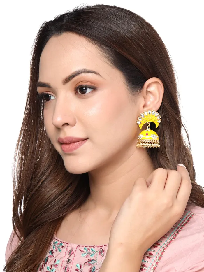 Necklaces Yellow Chimes Yellow Chimes Earrings For Women Bright Yellow Color Pearl and Stone Studded Meenakari Jhumka Earrings For Women and Girls