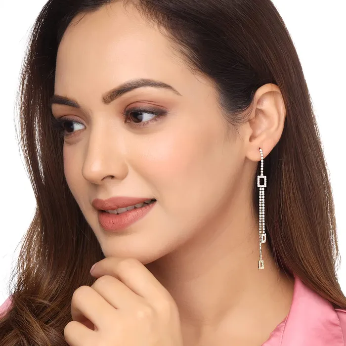 Necklaces Yellow Chimes Yellow Chimes Earrings For Women Gold Tone Crystal Studded Long Elegant Chain Dangler Earrings For Women and Girls
