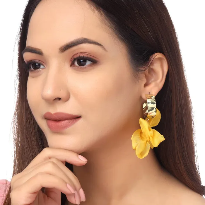 Necklaces Yellow Chimes Yellow Chimes Earrings For Women Pink Colored Cloth Woven Bow Shaped Drop Earrings For Women and Girls