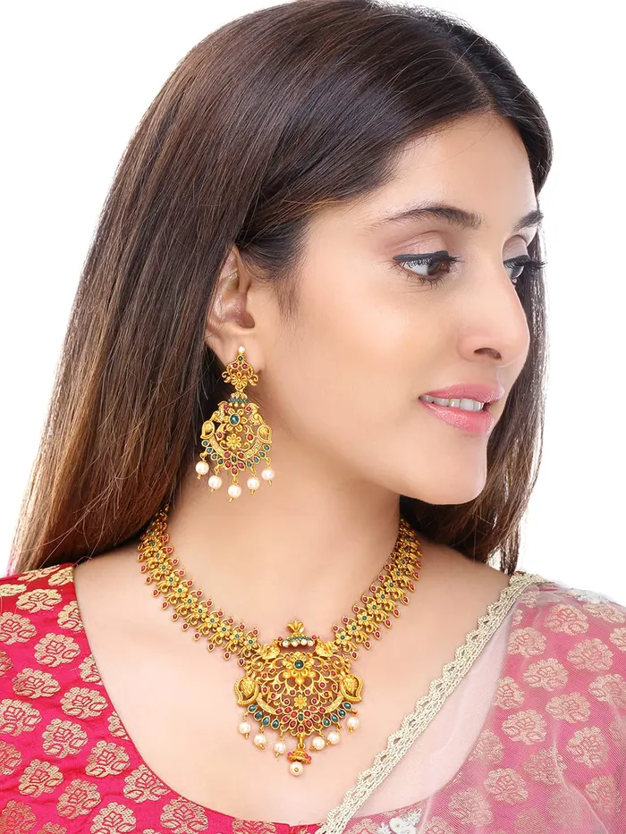 Necklaces Yellow Chimes Yellow Chimes Ethnic Gold Plated Temple Jewellery Set Traditional Floral Design Choker Necklace Set for Women and Girls medium YCTJNS24TFLWPKGL