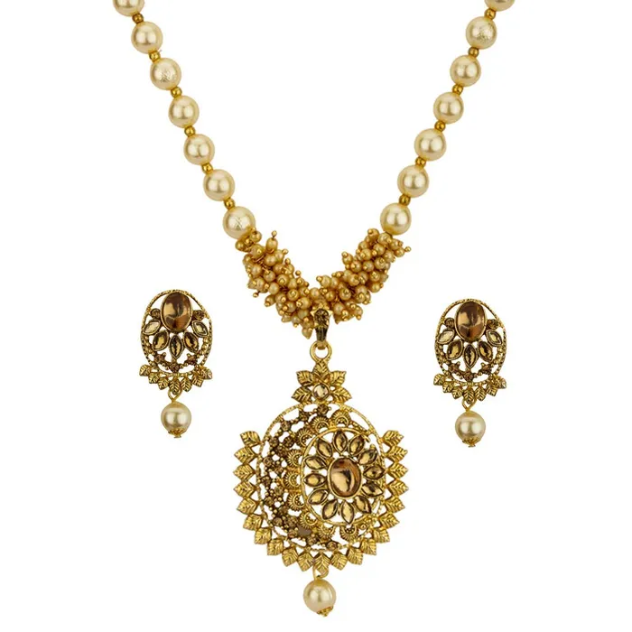 Necklaces Yellow Chimes Yellow Chimes Exclusive Traditional Pearl Stud Kundan Floral Design Necklace with Earrings for Women Necklaces Yellow Chimes Yellow Chimes Exclusive Traditional Pearl Stud Kundan Floral Design Necklace with Earrings for Women