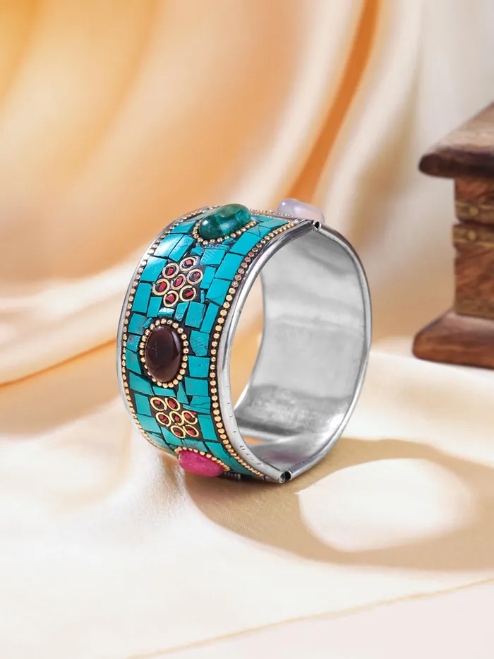 Necklaces Yellow Chimes Yellow Chimes German Oxidised Silver Cuff Tribal Kada Traditional Antique Designer Kada Bangle Bracelet for Women and Girls Design 7