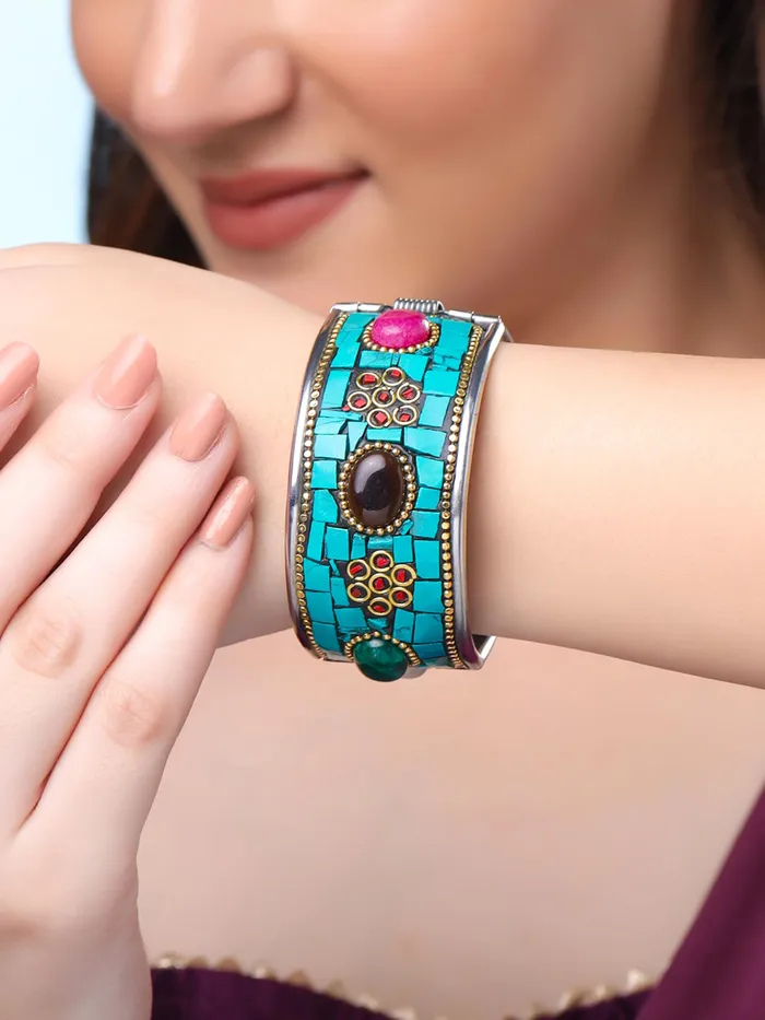 Necklaces Yellow Chimes Yellow Chimes German Oxidised Silver Cuff Tribal Kada Traditional Antique Designer Kada Bangle Bracelet for Women and Girls Design 7