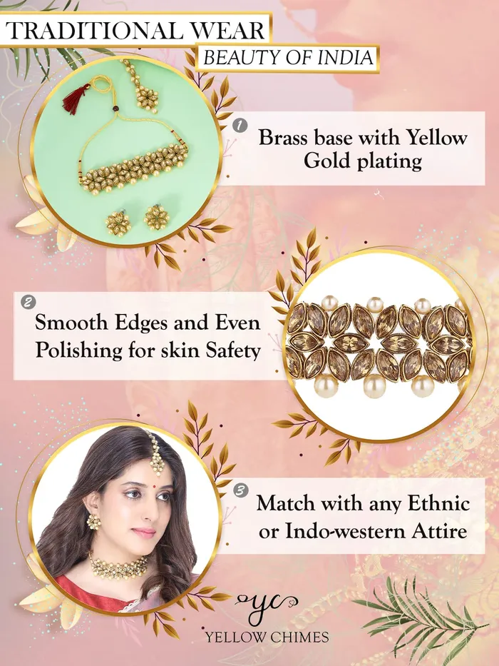 Necklaces Yellow Chimes Yellow Chimes Jewellery Set for Women and Girls Traditional Golden Kundan Necklaces Set Gold Plated Kundan Set Birthday Gift for girls and women Anniversary Gift for Wife DE 8