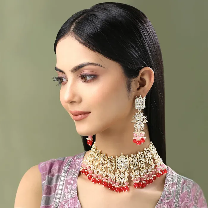 Necklaces Yellow Chimes Yellow Chimes Jewellery Set for Women and Girls Traditional Kundan Necklaces Set Gold Plated Red Beads Drop Kundan Set Birthday Gift for girls and women Anniversary Gift for Wife
