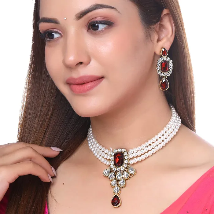 Necklaces Yellow Chimes Yellow Chimes Jewellery Set for Women and Girls Traditional White Beads Choker Set for Women Gold Plated Choker Necklace Set Birthday Gift for girls women Anniversary Gift for Wife