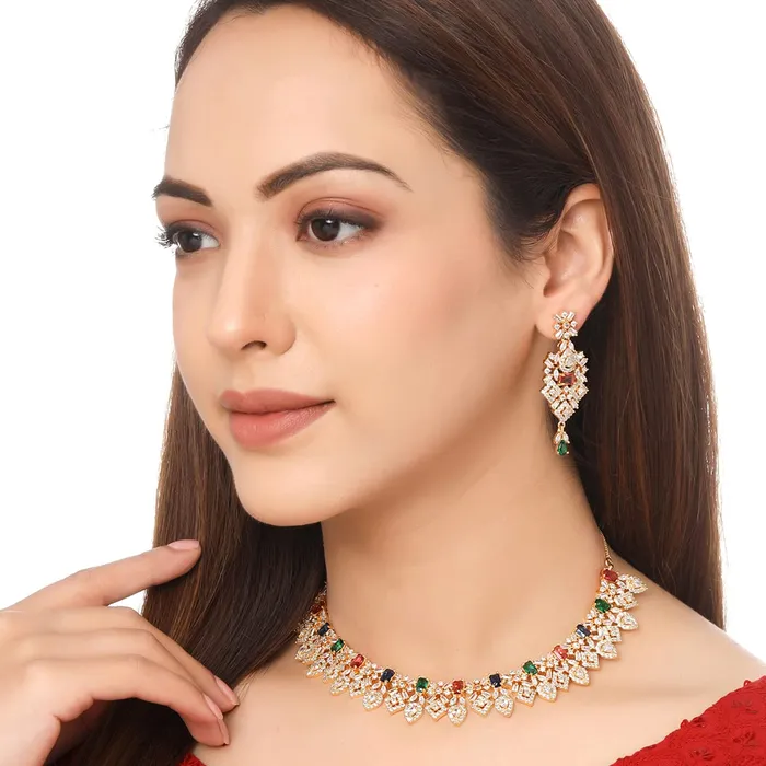 Necklaces Yellow Chimes Yellow Chimes Jewellery Set for Women Rhodium Plated ADAmerican Diamond Studded Multicolor Crystal Necklace Set with Earrings for Women and Girls Style 6