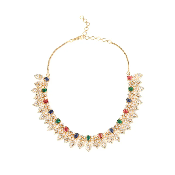 Necklaces Yellow Chimes Yellow Chimes Jewellery Set for Women Rhodium Plated ADAmerican Diamond Studded Multicolor Crystal Necklace Set with Earrings for Women and Girls Style 6