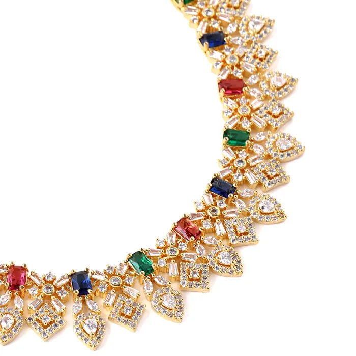 Necklaces Yellow Chimes Yellow Chimes Jewellery Set for Women Rhodium Plated ADAmerican Diamond Studded Multicolor Crystal Necklace Set with Earrings for Women and Girls Style 6