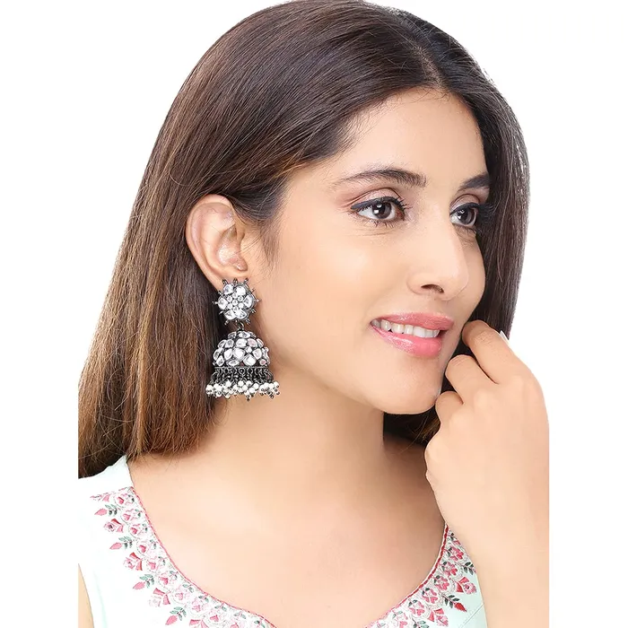 Necklaces Yellow Chimes Yellow Chimes Jhumka Earrings for Women Black Gun Plated Floral Design Traditional Stone Jhumka Earrings for Women And Girls