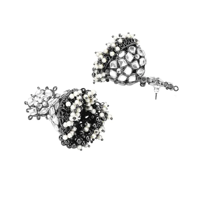 Necklaces Yellow Chimes Yellow Chimes Jhumka Earrings for Women Black Gun Plated Floral Design Traditional Stone Jhumka Earrings for Women And Girls