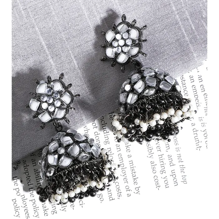 Necklaces Yellow Chimes Yellow Chimes Jhumka Earrings for Women Black Gun Plated Floral Design Traditional Stone Jhumka Earrings for Women And Girls