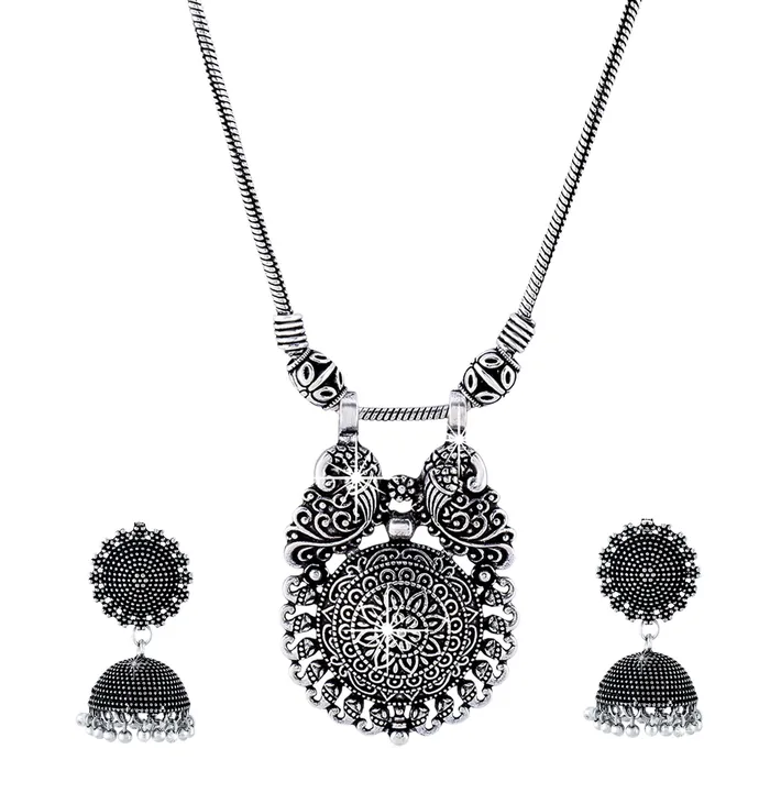 Necklaces Yellow Chimes Yellow Chimes Latest Fashion German Silver Traditional Pendant Necklace Set with Jhumka Earrings by Yellow Chimes Jewellery Set for Women Oxidized Silver YCTJNSCHAKRBNDSL Necklaces Yellow Chimes Yellow Chimes Latest Fashion German Silver Traditional Pendant Necklace Set with Jhumka Earrings by Yellow Chimes Jewellery Set for Women Oxidized Silver YCTJNSCHAKRBNDSL