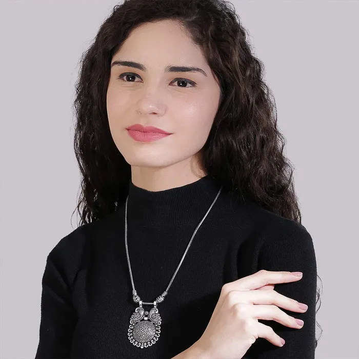Necklaces Yellow Chimes Yellow Chimes Latest Fashion German Silver Traditional Pendant Necklace Set with Jhumka Earrings by Yellow Chimes Jewellery Set for Women Oxidized Silver YCTJNSCHAKRBNDSL