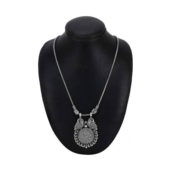 Necklaces Yellow Chimes Yellow Chimes Latest Fashion German Silver Traditional Pendant Necklace Set with Jhumka Earrings by Yellow Chimes Jewellery Set for Women Oxidized Silver YCTJNSCHAKRBNDSL