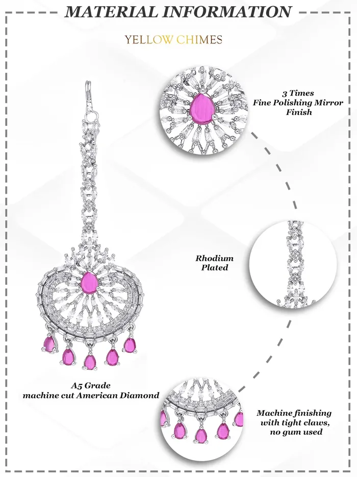 Necklaces Yellow Chimes Yellow Chimes Maang Tikka for Women American Diamond Maangtikka Rhodium Plated Pink AD Jewellery Maang Tikka for Women and Girls