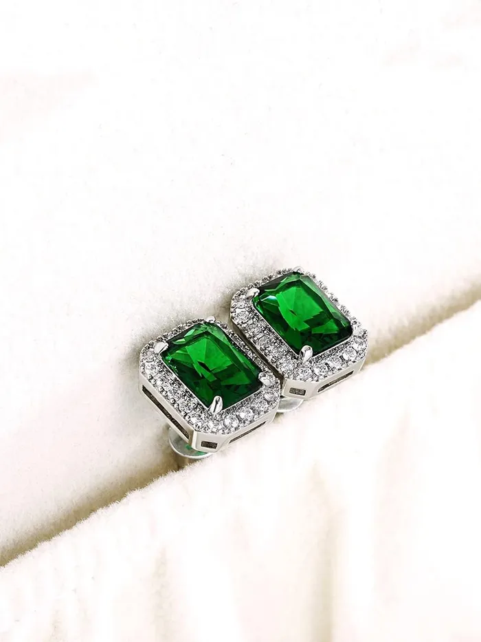 Necklaces Yellow Chimes Yellow Chimes Stud Earrings for Women Green Square Crystal Silver Plated Stud Earrings for Women and Girls