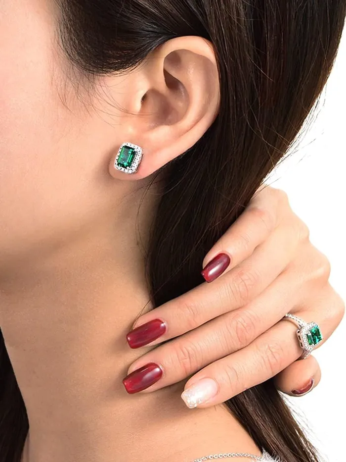 Necklaces Yellow Chimes Yellow Chimes Stud Earrings for Women Green Square Crystal Silver Plated Stud Earrings for Women and Girls