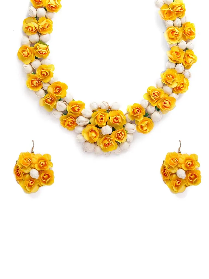 Necklaces Yellow Chimes Yellow Chimes Yellow Flower Jewellery Set for Haldi Baby Shower Mehandi Godbharai Bahubali Paper Aritificial Jewelley Set for Women and Girls