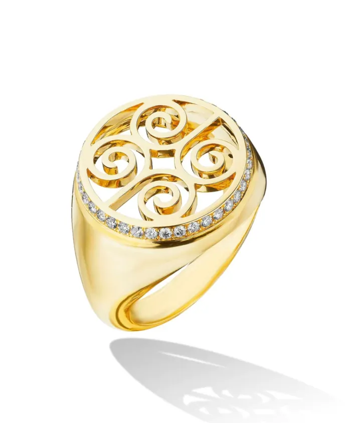 Rings Cadar Yellow Gold Essence Signet Pinky Ring with Pav Diamonds