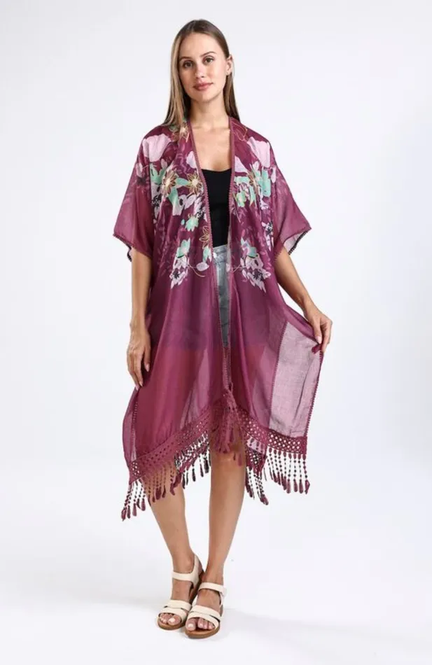Rings Candlewick Gift Shop Burgundy Floral Kimono One Size