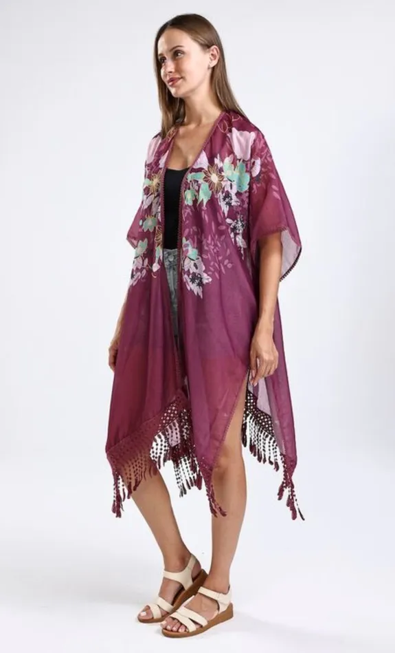 Rings Candlewick Gift Shop Burgundy Floral Kimono One Size
